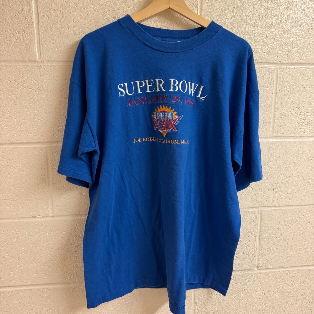 Salem Mens Super Bowl XXIX 1995 T-Shirt XL Blue Cotton Single Stitch Vintage NFL